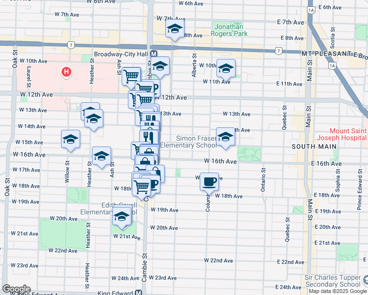 map of restaurants, bars, coffee shops, grocery stores, and more near in Vancouver