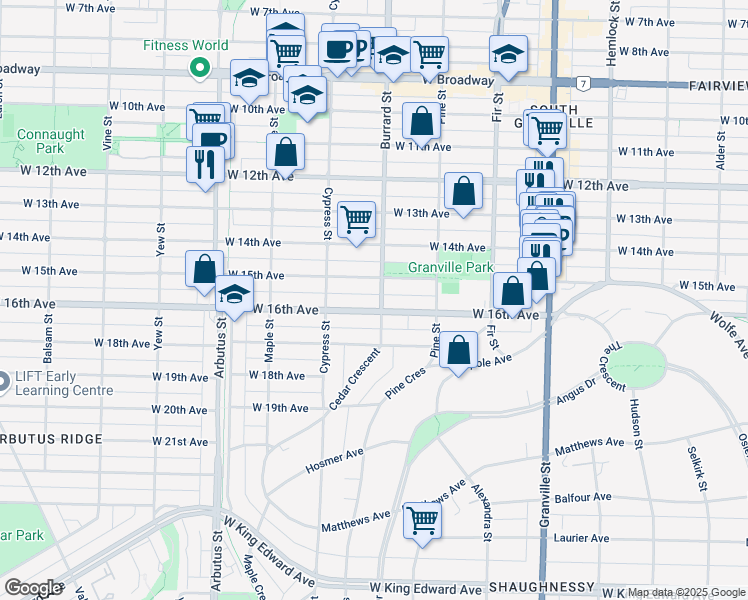 map of restaurants, bars, coffee shops, grocery stores, and more near in Vancouver
