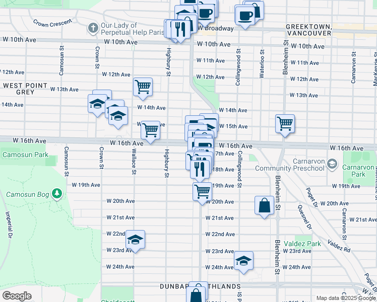 map of restaurants, bars, coffee shops, grocery stores, and more near 3645 West 17th Avenue in Vancouver