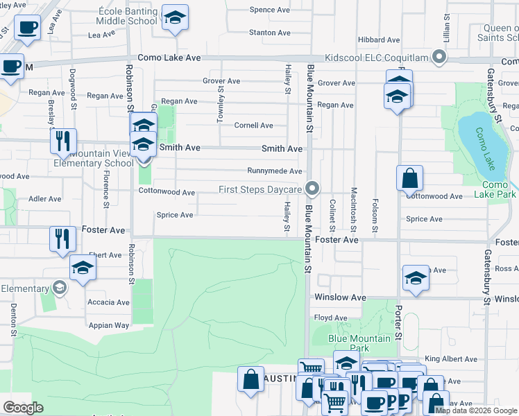 map of restaurants, bars, coffee shops, grocery stores, and more near 903 Foster Avenue in Coquitlam