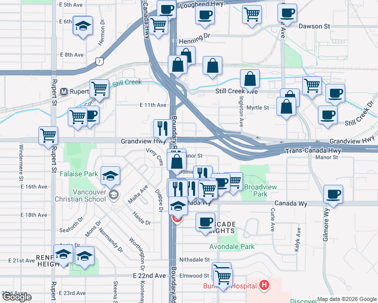 map of restaurants, bars, coffee shops, grocery stores, and more near 3737 Manor Street in Burnaby