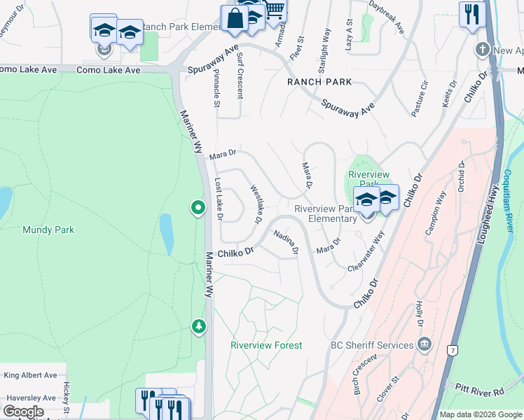 map of restaurants, bars, coffee shops, grocery stores, and more near 2750 Westlake Drive in Coquitlam