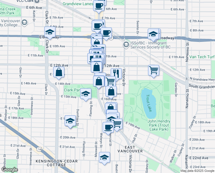 map of restaurants, bars, coffee shops, grocery stores, and more near 1760 East 14th Avenue in Vancouver
