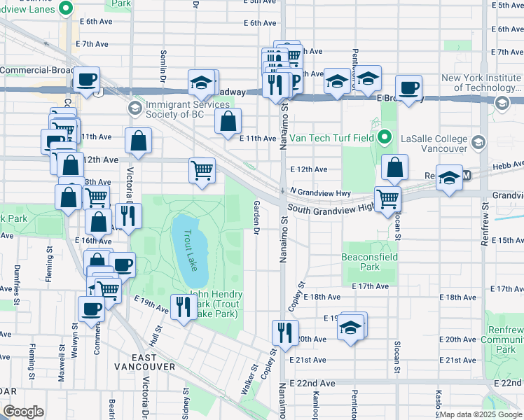 map of restaurants, bars, coffee shops, grocery stores, and more near 3008 Garden Drive in Vancouver