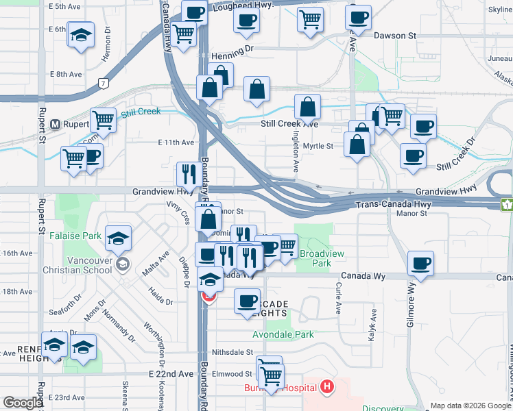 map of restaurants, bars, coffee shops, grocery stores, and more near 3787 Manor Street in Burnaby