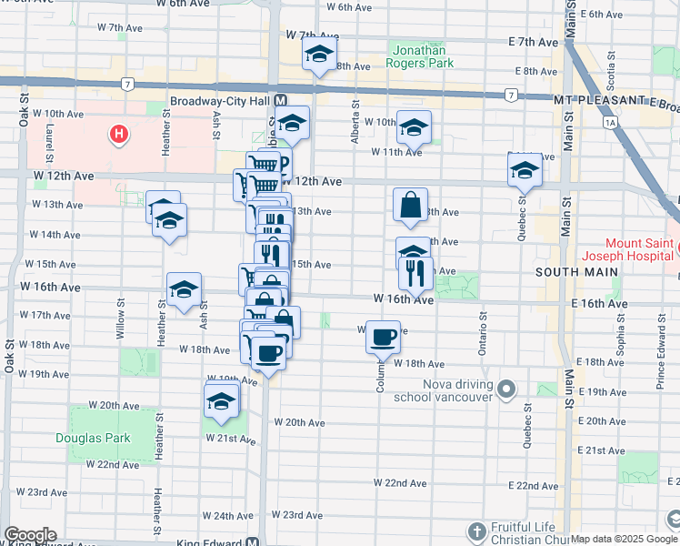 map of restaurants, bars, coffee shops, grocery stores, and more near 322 West 15th Avenue in Vancouver