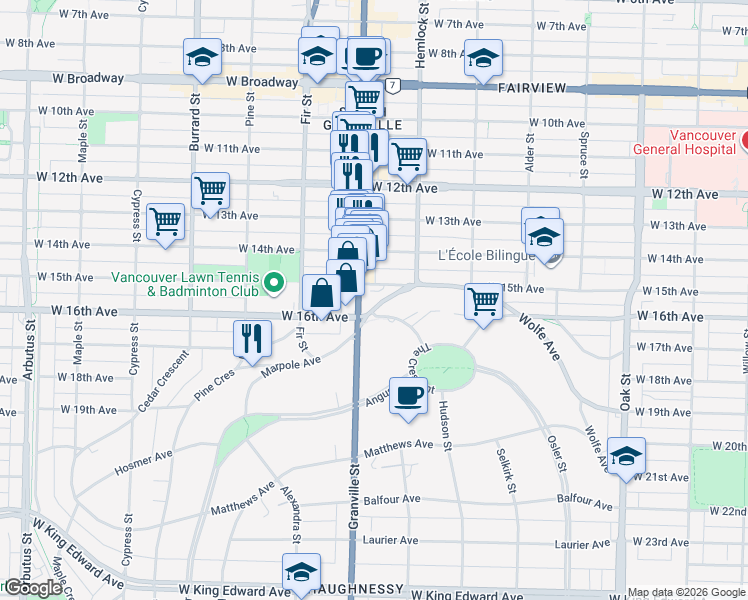 map of restaurants, bars, coffee shops, grocery stores, and more near 1445 Marpole Avenue in Vancouver