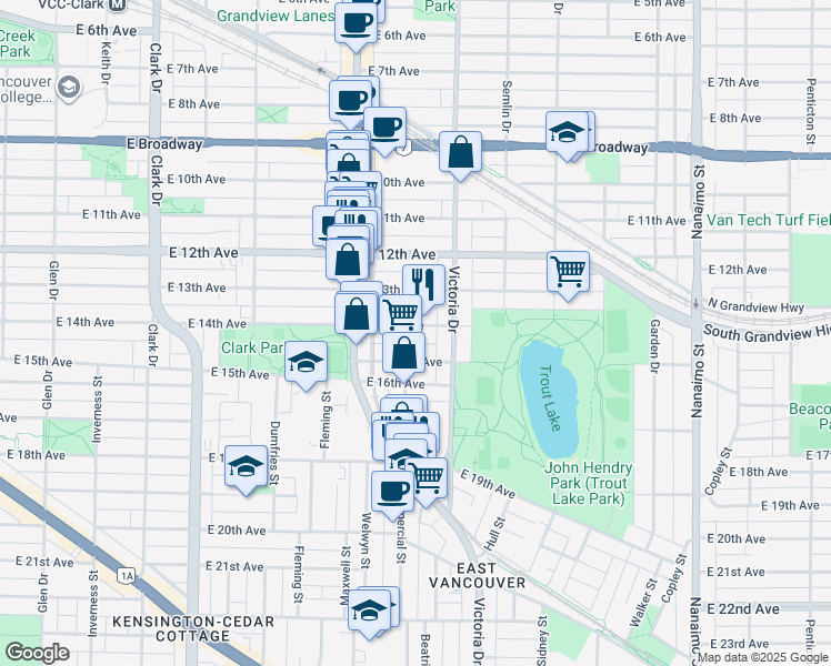 map of restaurants, bars, coffee shops, grocery stores, and more near 1822 East 14th Avenue in Vancouver