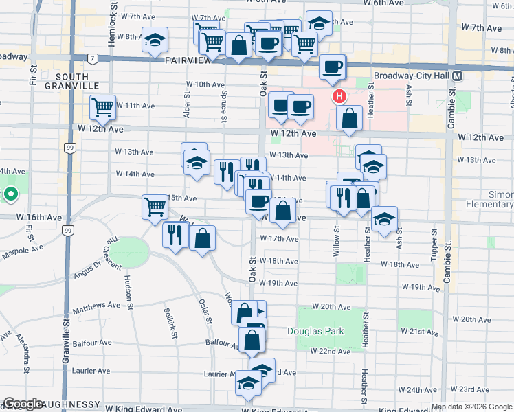 map of restaurants, bars, coffee shops, grocery stores, and more near 3122 Oak Street in Vancouver