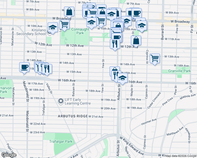 map of restaurants, bars, coffee shops, grocery stores, and more near 2227 West 16th Avenue in Vancouver