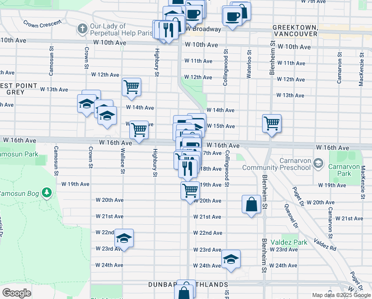 map of restaurants, bars, coffee shops, grocery stores, and more near 3251 Dunbar Street in Vancouver