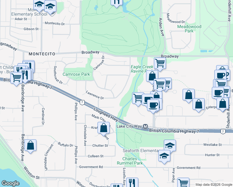 map of restaurants, bars, coffee shops, grocery stores, and more near 7615 Lawrence Drive in Burnaby