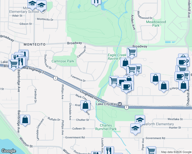 map of restaurants, bars, coffee shops, grocery stores, and more near 7590 Lawrence Drive in Burnaby