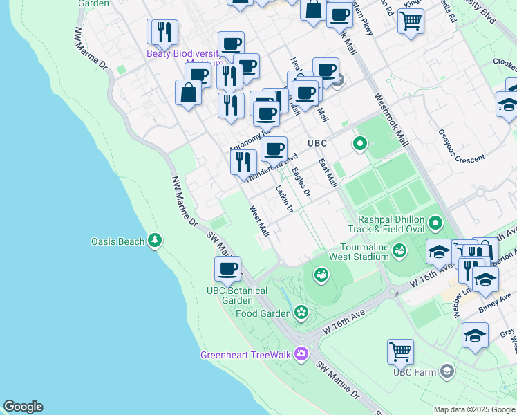 map of restaurants, bars, coffee shops, grocery stores, and more near 2562 West Mall in Vancouver