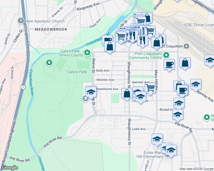 map of restaurants, bars, coffee shops, grocery stores, and more near 2401 Hawthorne Avenue in Port Coquitlam