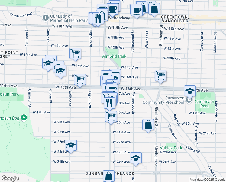 map of restaurants, bars, coffee shops, grocery stores, and more near 3595 West 17th Avenue in Vancouver