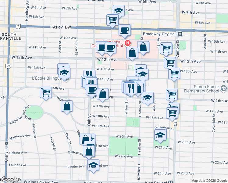 map of restaurants, bars, coffee shops, grocery stores, and more near 880 West 15th Avenue in Vancouver