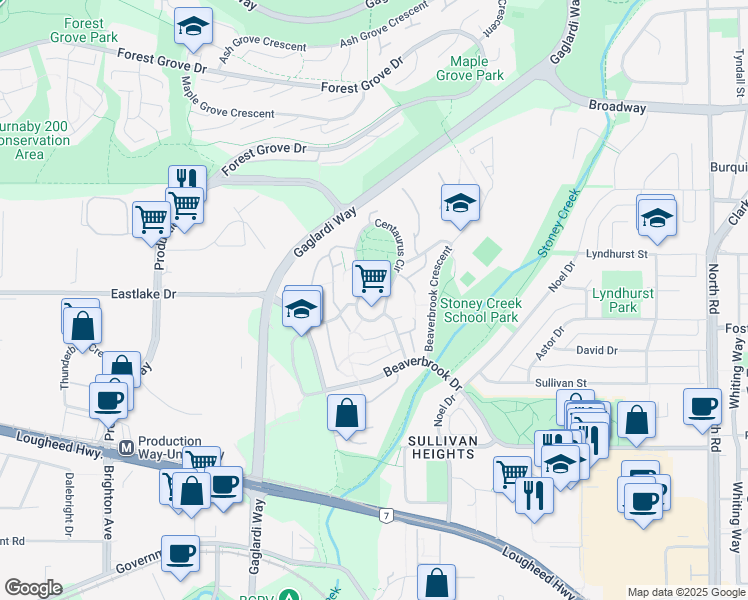 map of restaurants, bars, coffee shops, grocery stores, and more near 9005 Centaurus Circle in Burnaby