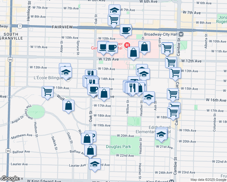 map of restaurants, bars, coffee shops, grocery stores, and more near 888 West 15th Avenue in Vancouver