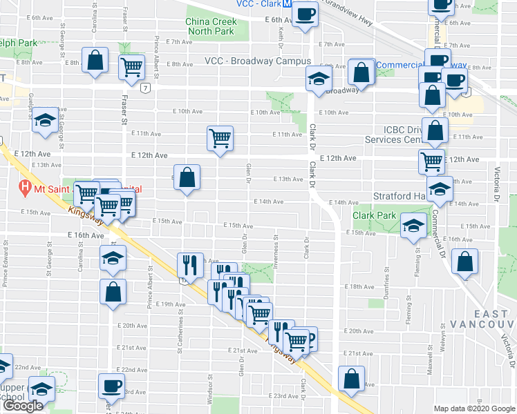 map of restaurants, bars, coffee shops, grocery stores, and more near in Vancouver