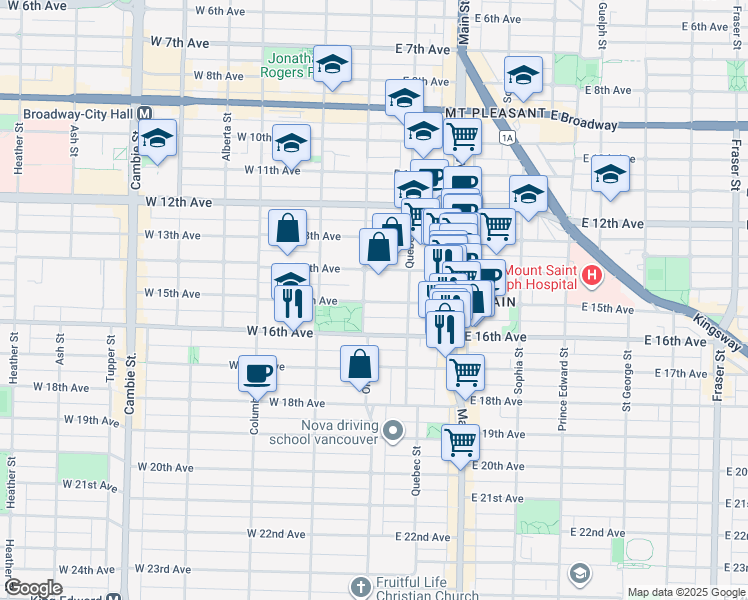 map of restaurants, bars, coffee shops, grocery stores, and more near 30 East 16th Avenue in Vancouver