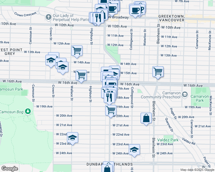map of restaurants, bars, coffee shops, grocery stores, and more near in Vancouver