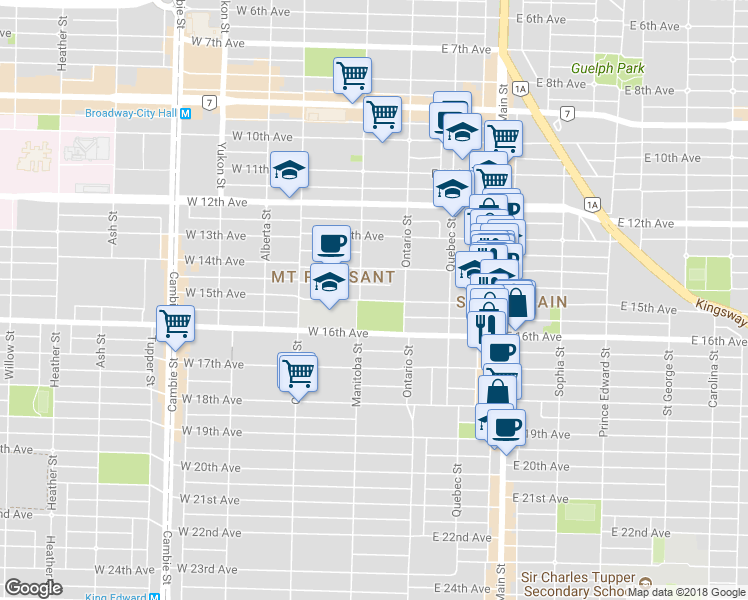 map of restaurants, bars, coffee shops, grocery stores, and more near 55 West 15th Avenue in Vancouver