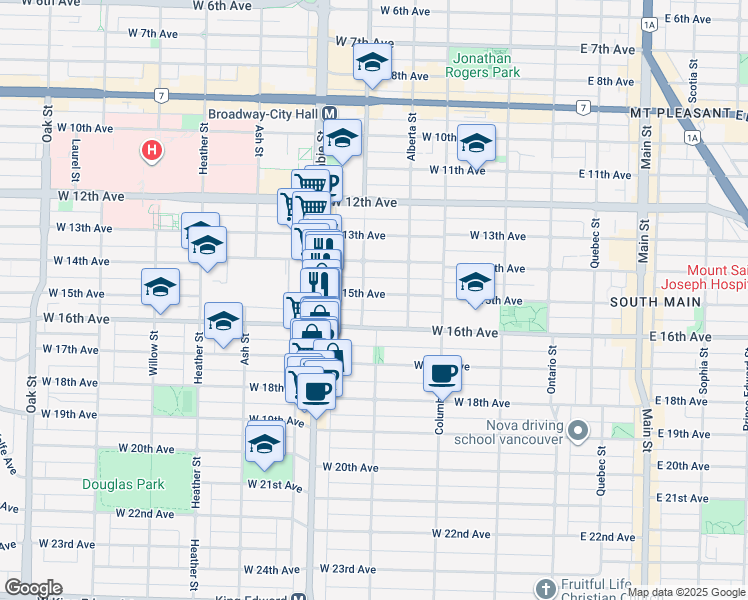 map of restaurants, bars, coffee shops, grocery stores, and more near 364 West 15th Avenue in Vancouver
