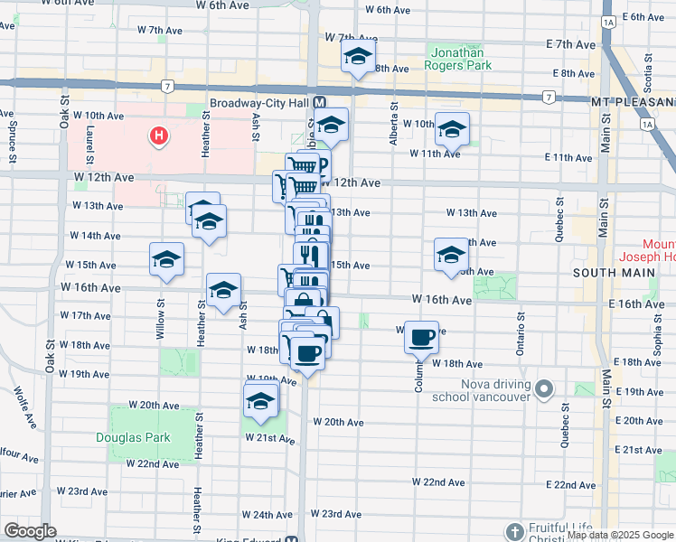 map of restaurants, bars, coffee shops, grocery stores, and more near 424 West 15th Avenue in Vancouver