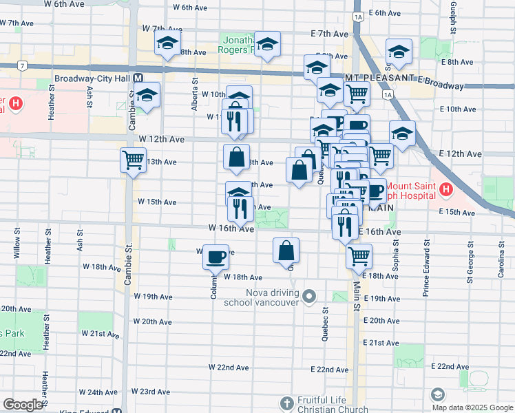 map of restaurants, bars, coffee shops, grocery stores, and more near 3091 Manitoba Street in Vancouver