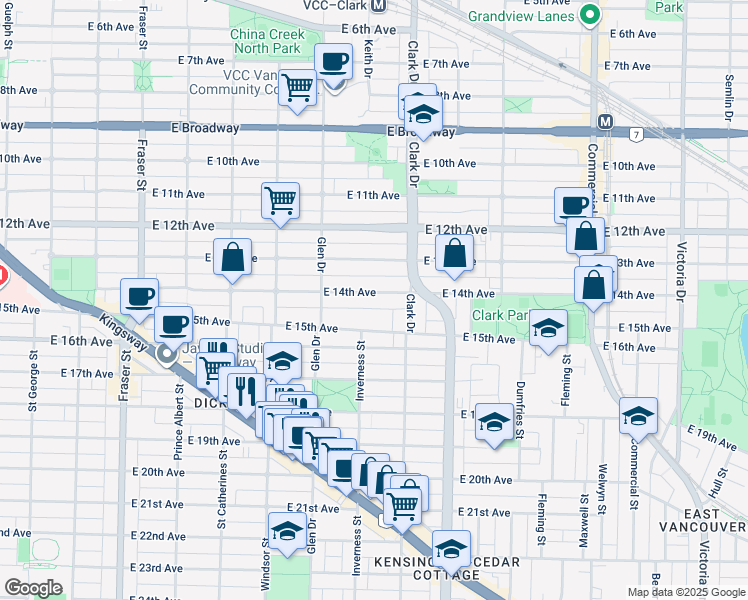 map of restaurants, bars, coffee shops, grocery stores, and more near 1218 East 14th Avenue in Vancouver