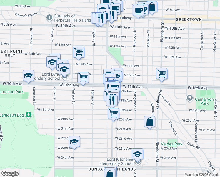 map of restaurants, bars, coffee shops, grocery stores, and more near 3615 West 17th Avenue in Vancouver