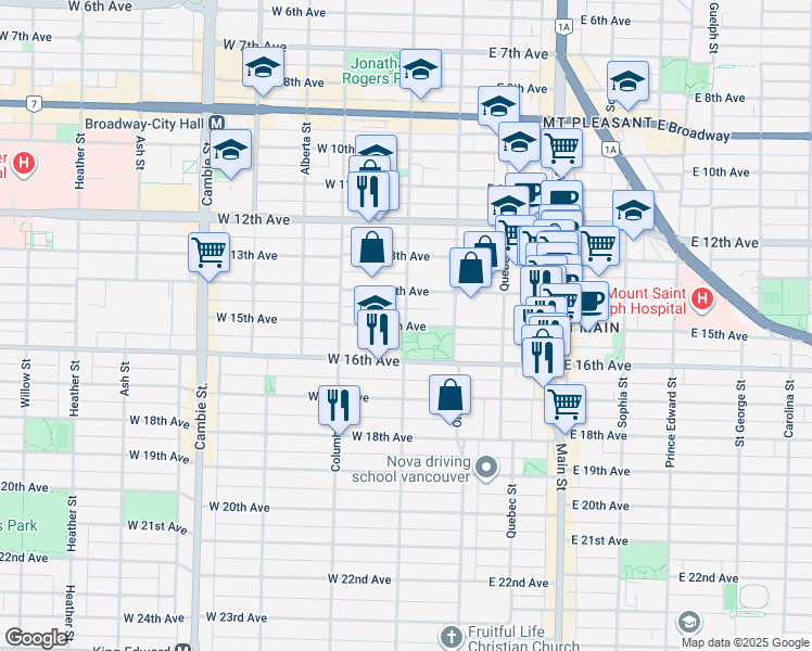 map of restaurants, bars, coffee shops, grocery stores, and more near 103 West 15th Avenue in Vancouver