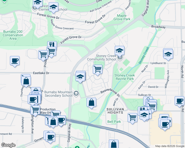 map of restaurants, bars, coffee shops, grocery stores, and more near 8940 Centaurus Circle in Burnaby