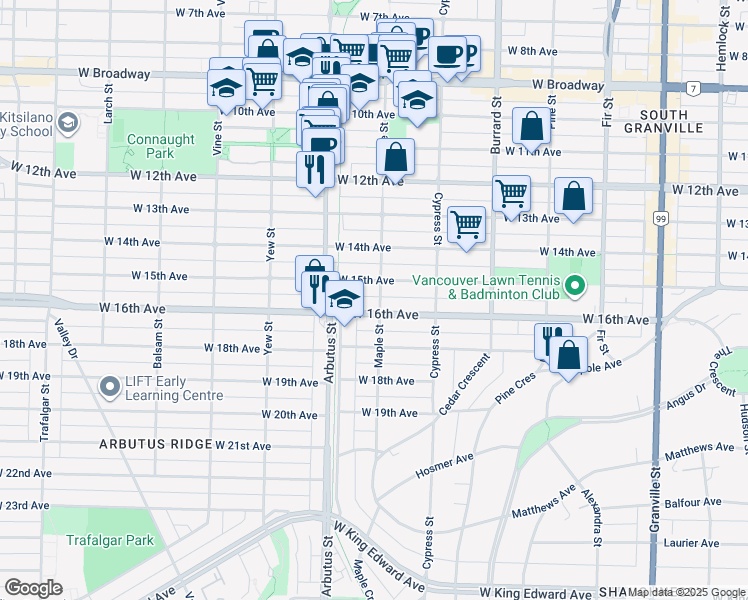 map of restaurants, bars, coffee shops, grocery stores, and more near 3135 Maple Street in Vancouver