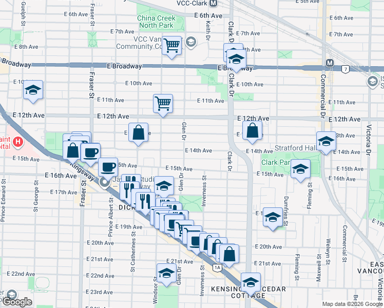 map of restaurants, bars, coffee shops, grocery stores, and more near 1130 East 14th Avenue in Vancouver
