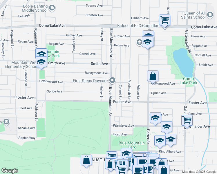 map of restaurants, bars, coffee shops, grocery stores, and more near 674 Blue Mountain Street in Coquitlam