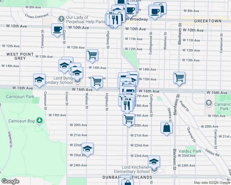 map of restaurants, bars, coffee shops, grocery stores, and more near 3716 West 16th Avenue in Vancouver