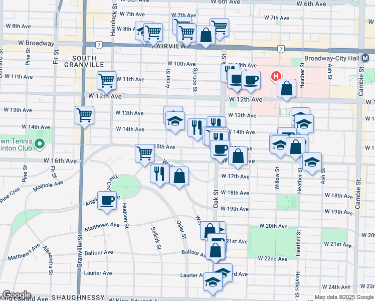 map of restaurants, bars, coffee shops, grocery stores, and more near 1110 West 15th Avenue in Vancouver