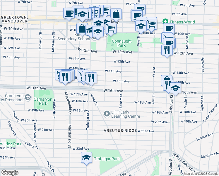 map of restaurants, bars, coffee shops, grocery stores, and more near 2475 West 16th Avenue in Vancouver