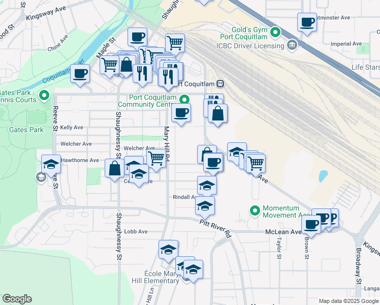 map of restaurants, bars, coffee shops, grocery stores, and more near 2111 Hawthorne Avenue in Port Coquitlam