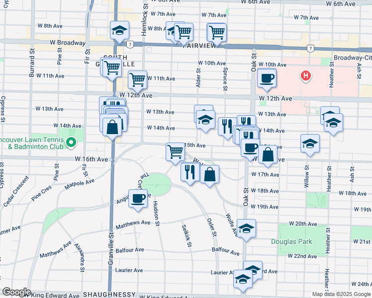 map of restaurants, bars, coffee shops, grocery stores, and more near 1248 West 15th Avenue in Vancouver