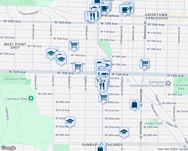map of restaurants, bars, coffee shops, grocery stores, and more near 3694 West 16th Avenue in Vancouver