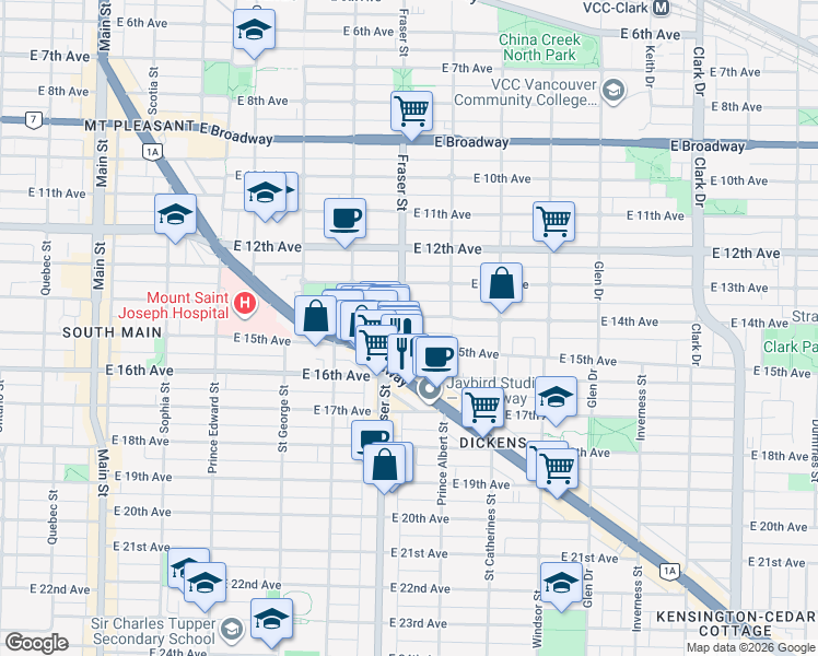 map of restaurants, bars, coffee shops, grocery stores, and more near 3020 Fraser Street in Vancouver