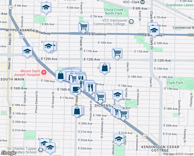 map of restaurants, bars, coffee shops, grocery stores, and more near 830 East 14th Avenue in Vancouver