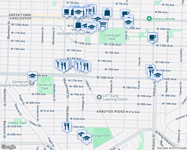 map of restaurants, bars, coffee shops, grocery stores, and more near 2525 West 16th Avenue in Vancouver