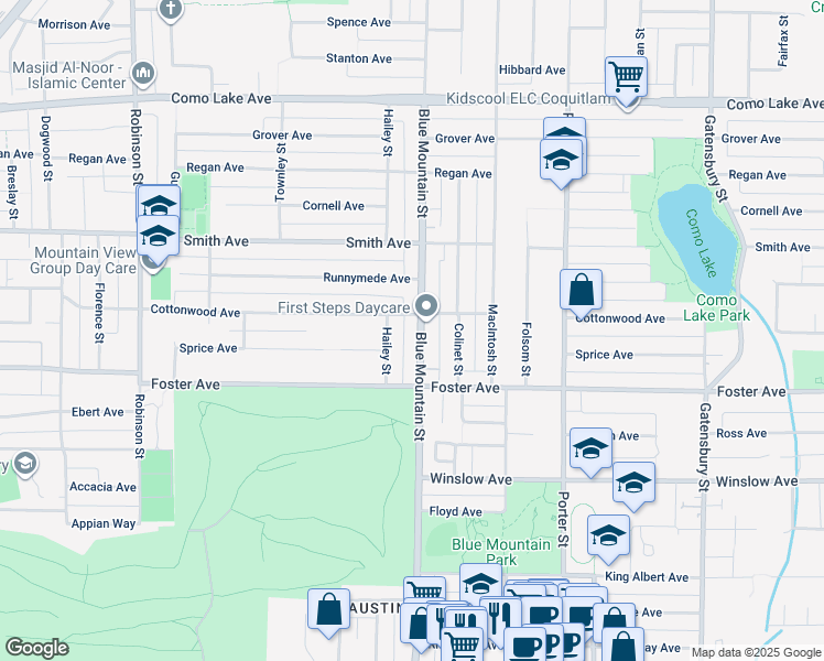 map of restaurants, bars, coffee shops, grocery stores, and more near 674 Blue Mountain Street in Coquitlam
