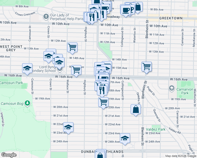 map of restaurants, bars, coffee shops, grocery stores, and more near 3630 West 16th Avenue in Vancouver