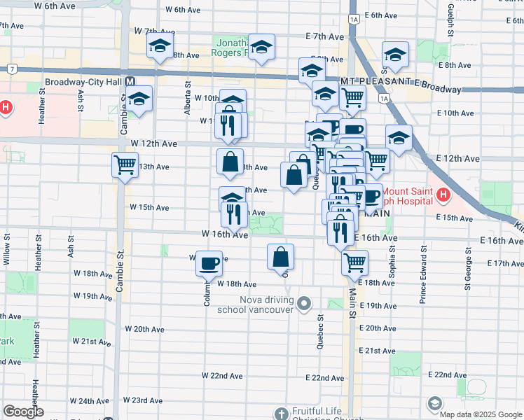 map of restaurants, bars, coffee shops, grocery stores, and more near 57 West 15th Avenue in Vancouver
