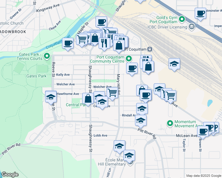 map of restaurants, bars, coffee shops, grocery stores, and more near 2219 Central Avenue in Port Coquitlam